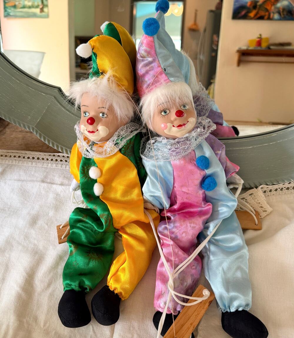 Pair of Vintage Clown Marionette Puppets on Swings Porcelain Heads 1980s
